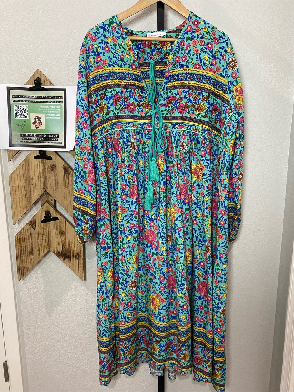 Boho Floral Balloon Sleeve Maxi in Teal nwot Spell vibes XL Cotton & Rayon soft - Picture 1 of 7